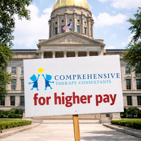 A sign outside the state capitol calling for higher pay for therapists