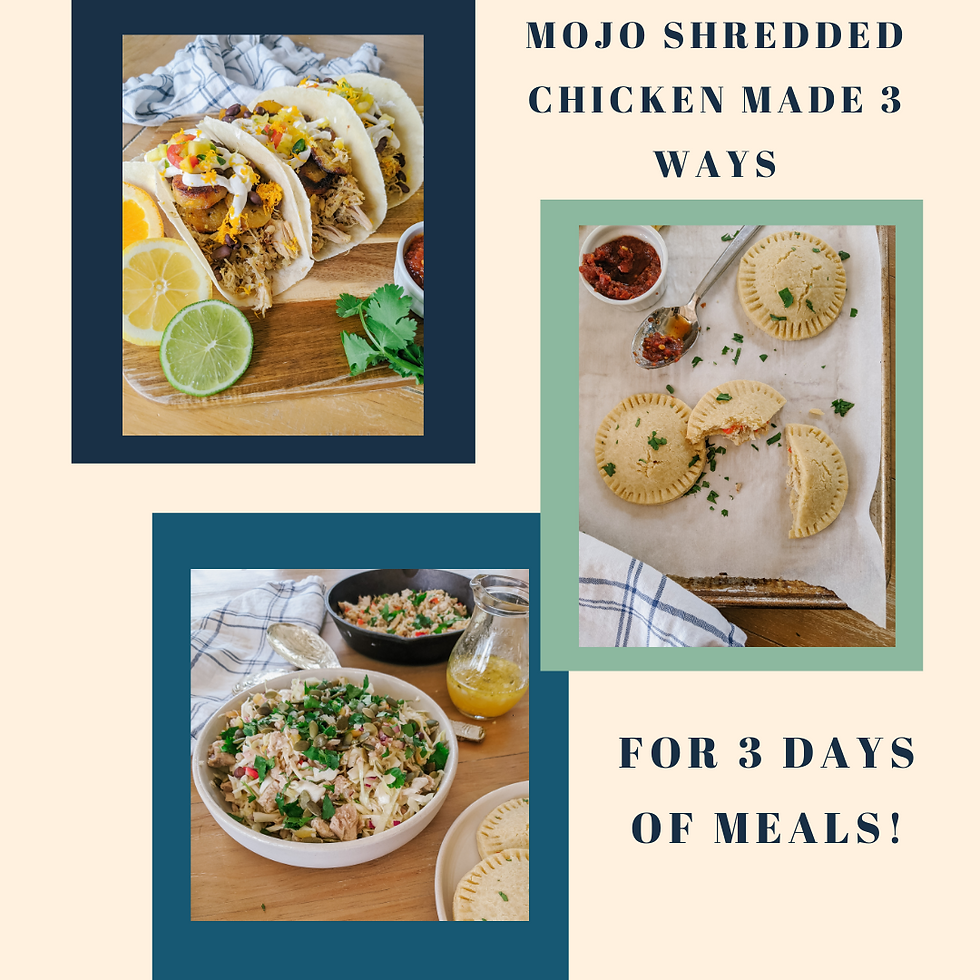 An image that reads, "Mojo shredded chicken made three ways for three days of meals!" There is an image of a shredded mojo chicken taco with fried plantains, black beans, and sour cream. There is an image of shredded mojo chicken empanadas, and there is an image of a shredded mojo chicken slaw topped with pumpkin seeds and cilantro. These are paleo recipes.