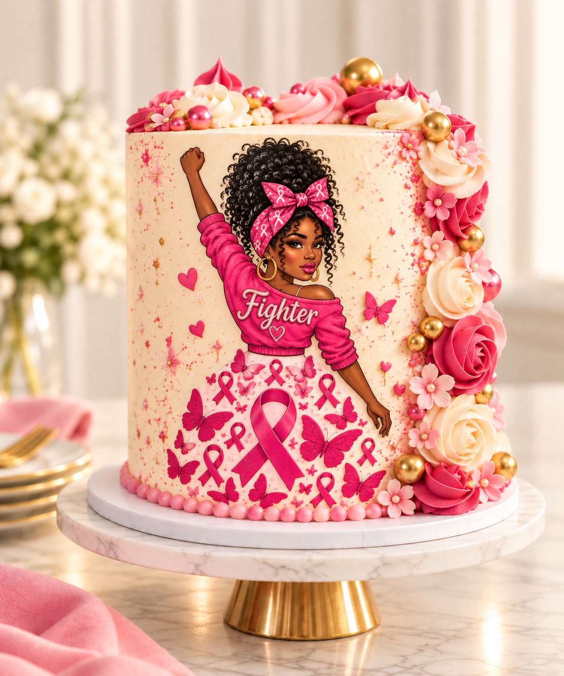 Pink Ribbon Fighter Celebration Cake