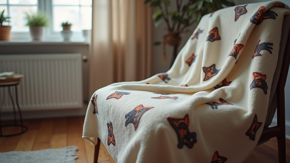 Eye-level view of a cozy blanket with cat patterns draped over a chair