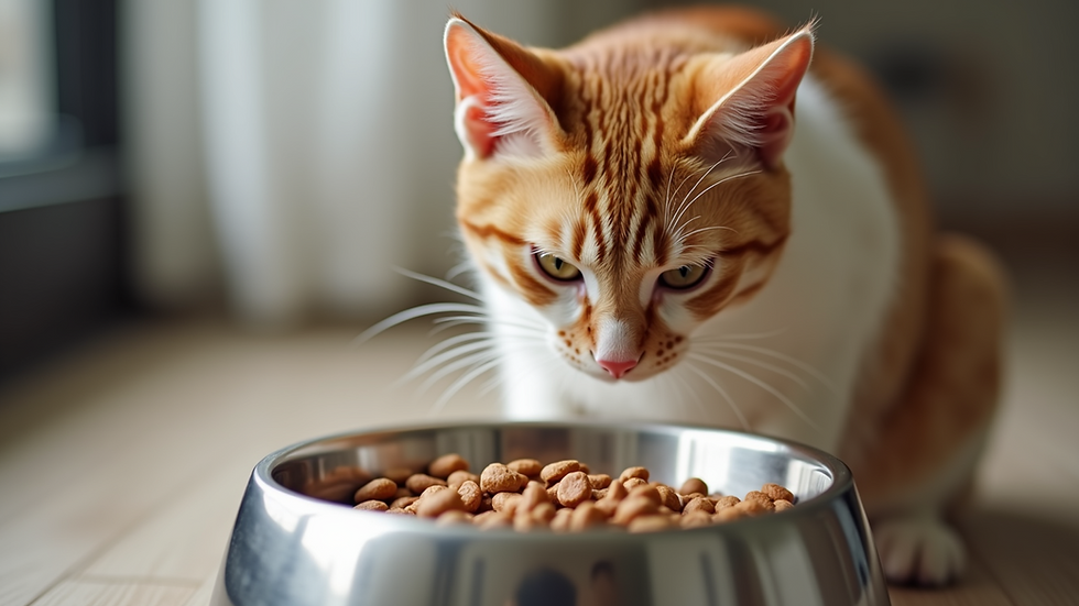 Close-up view of a stainless steel elevated cat bowl with dry food