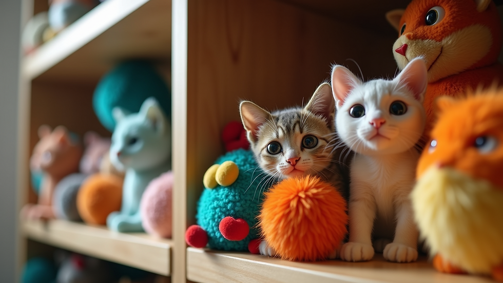 Eye-level view of colorful cat toys arranged on a wooden shelf