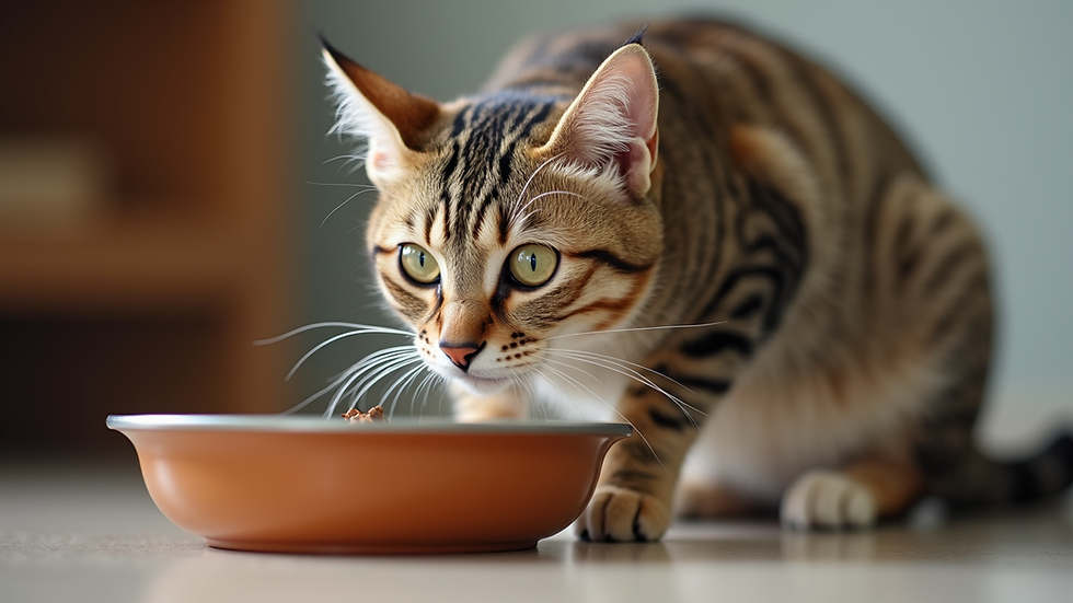 Eye-level view of a cat eating from an elevated feeding dish