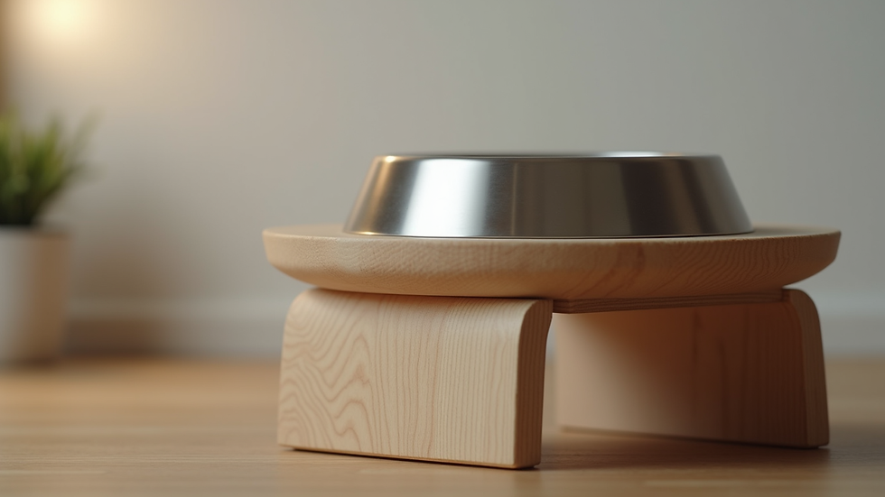 Close-up view of a stainless steel elevated cat bowl on a wooden stand
