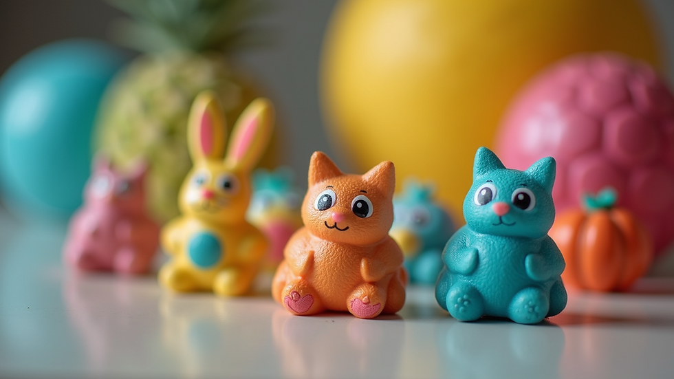 Close-up view of colorful cat toys arranged neatly
