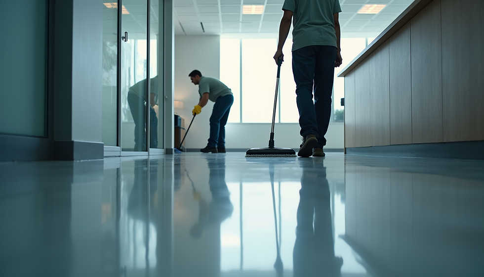 janitors cleaning commercial space hallway