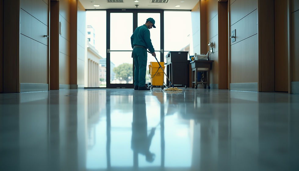 Eye-level view of a janitor cleaning a commercial building lobby floor