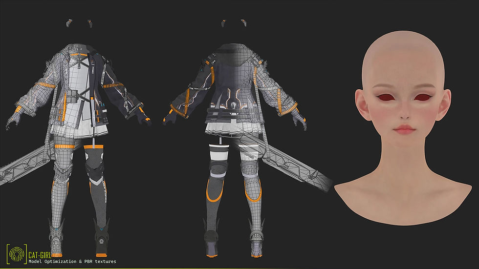 Diseño de personaje 3D game art outsourcing con atuendo futurista