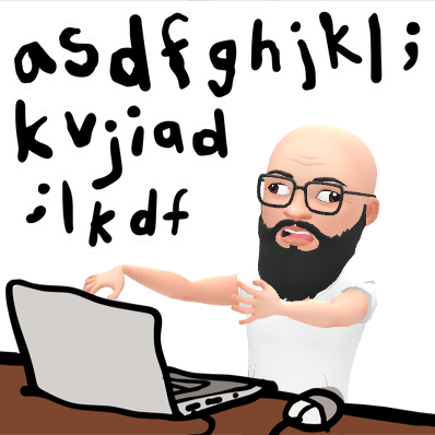 Bald cartoon man with glasses typing on a laptop, surrounded by jumbled letters. Background is white. Appears focused and engaged.