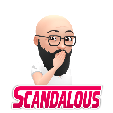 Bald cartoon character with glasses and a beard, covering mouth in surprise. The word "SCANDALOUS" in bold pink letters below.