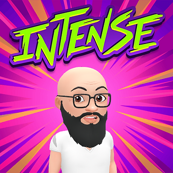 Bearded cartoon man with glasses, white shirt, in front of pink and orange burst background. "INTENSE" in bold green and purple text above.