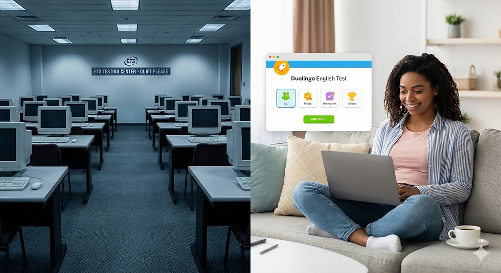 Empty computer lab with "ETS Testing Center" sign; a woman at home smiles at a laptop with "Duolingo English Test" on screen.