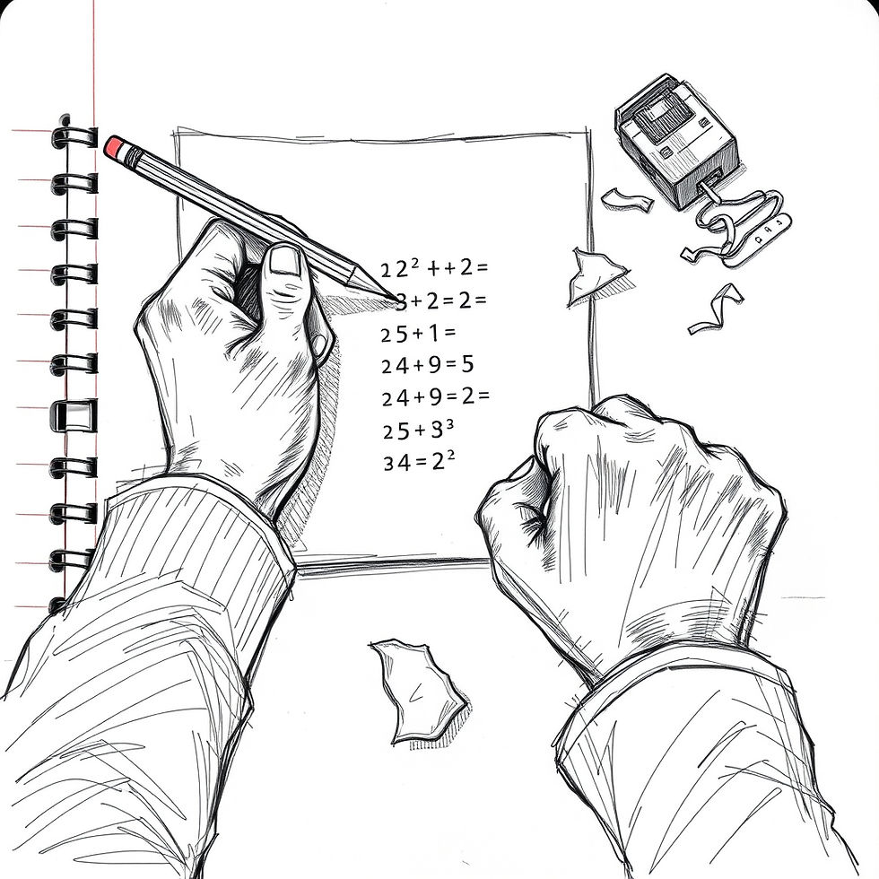 Hands sketch math problems on paper; pencil in one, fist clenching in the other. Notebook and printer nearby, torn paper scraps. Black lines.