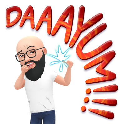 A cartoon character with a beard and glasses is surprised, saying "DAAAYUM!" in bold red letters with a blue burst on a white background.