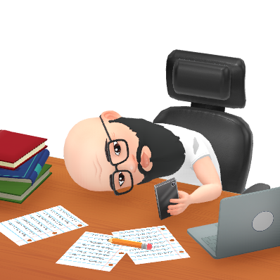Cartoon man with glasses, lying on desk with phone. Surrounded by paper, pencils, books, and laptop. Appears tired or frustrated.
