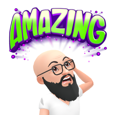 Bald cartoon man with glasses and beard looks up amazed. Bright green "AMAZING" text with purple paint splash above him.