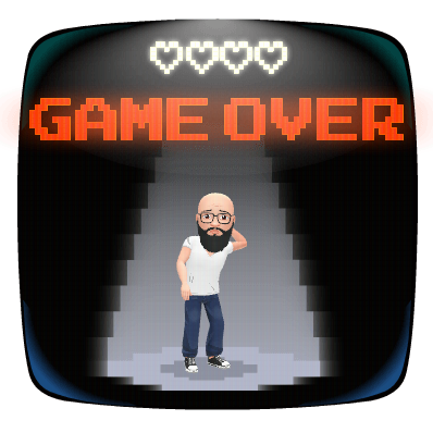 Cartoon character with glasses looks confused on a retro screen. "Game Over" in red with pixelated hearts above. Dark background.