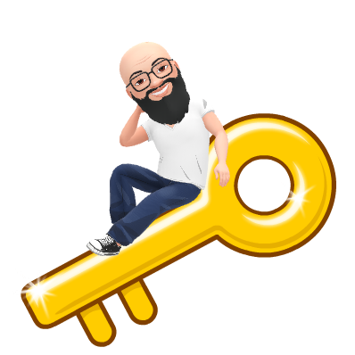 Cartoon man with beard and glasses, casually sitting on a large golden key, smiling. Background is plain white.