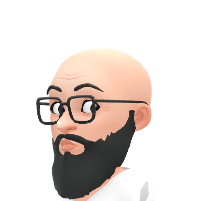 Animated bald character with a bushy beard and glasses, wearing a white shirt, glancing sideways against a white background.