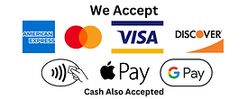 We accept AMEX, Mastercard, Visa, Discover, Tap to Pay, Apple Pay, Google Pay and also accept Cash