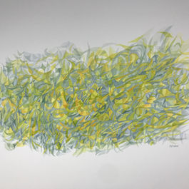 This abstract watercolour painting is the largest in the series and is inspired by the colours of Xanthoria Parietina from grey to green to lime green to gold to deep gold, almost orange. The organically shaped composition is made up of translucent overlapping shades, denser in the centre and thinner towards the edges.
