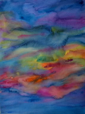 If the heavens were painted in shades of blue, purple, pink, orange and yellow, with wtery blooms melding the colours, this is how it would look. The wet on wet effect of the paint looks cloudlike.