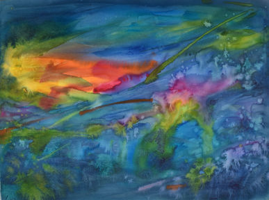 This abstract watercolour has streaks of bright yellow and orange against a blue watery background of blooming paint. There's a patch of bright yellow on the left that becomes orange and then pink from left to right next to some diagonal strokes across the centre of the painting from top right to bottom left. The painting is bright, watery and dynamic.