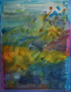 This watercolour painting started off in the colours of lichen with pale green at the top and yellow in the centre but then it got taken over with broad brush strokes on top that look like dashes creating a slightly circular rotating movement with piks and cobalt blue to the right of the painting and yellow and orange in the centre with blues and greens dashed over the top.