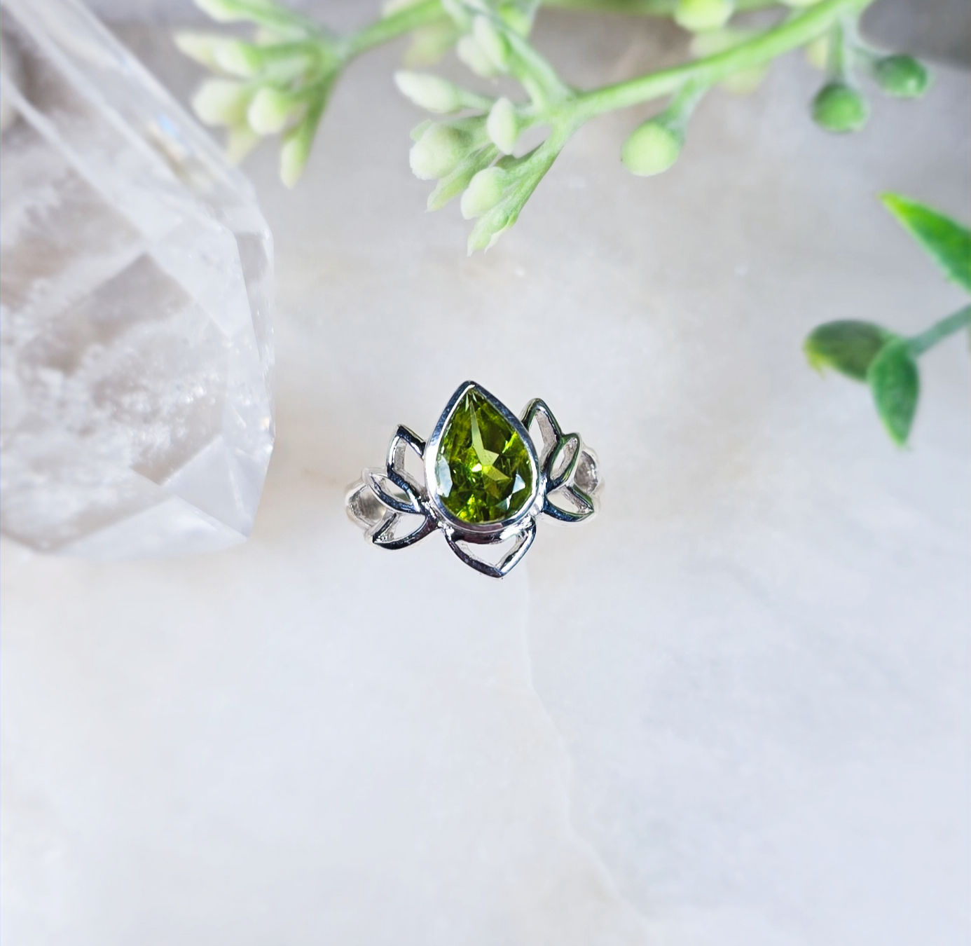 Peridot Lotus ring in sterling silver