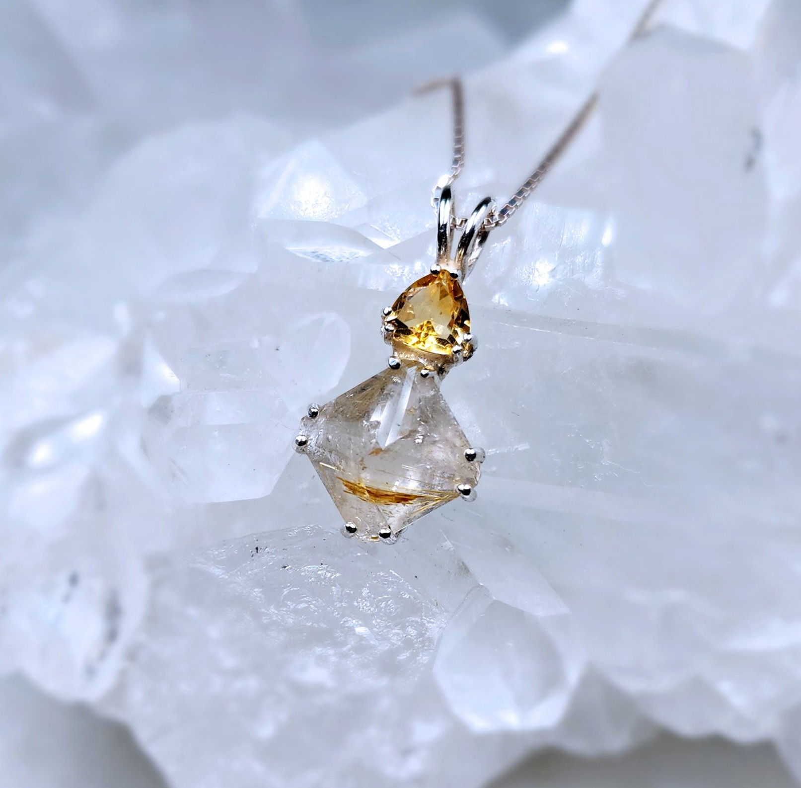 Rutilated Quartz with Golden Topaz Tools of light Pendant in sterling silver