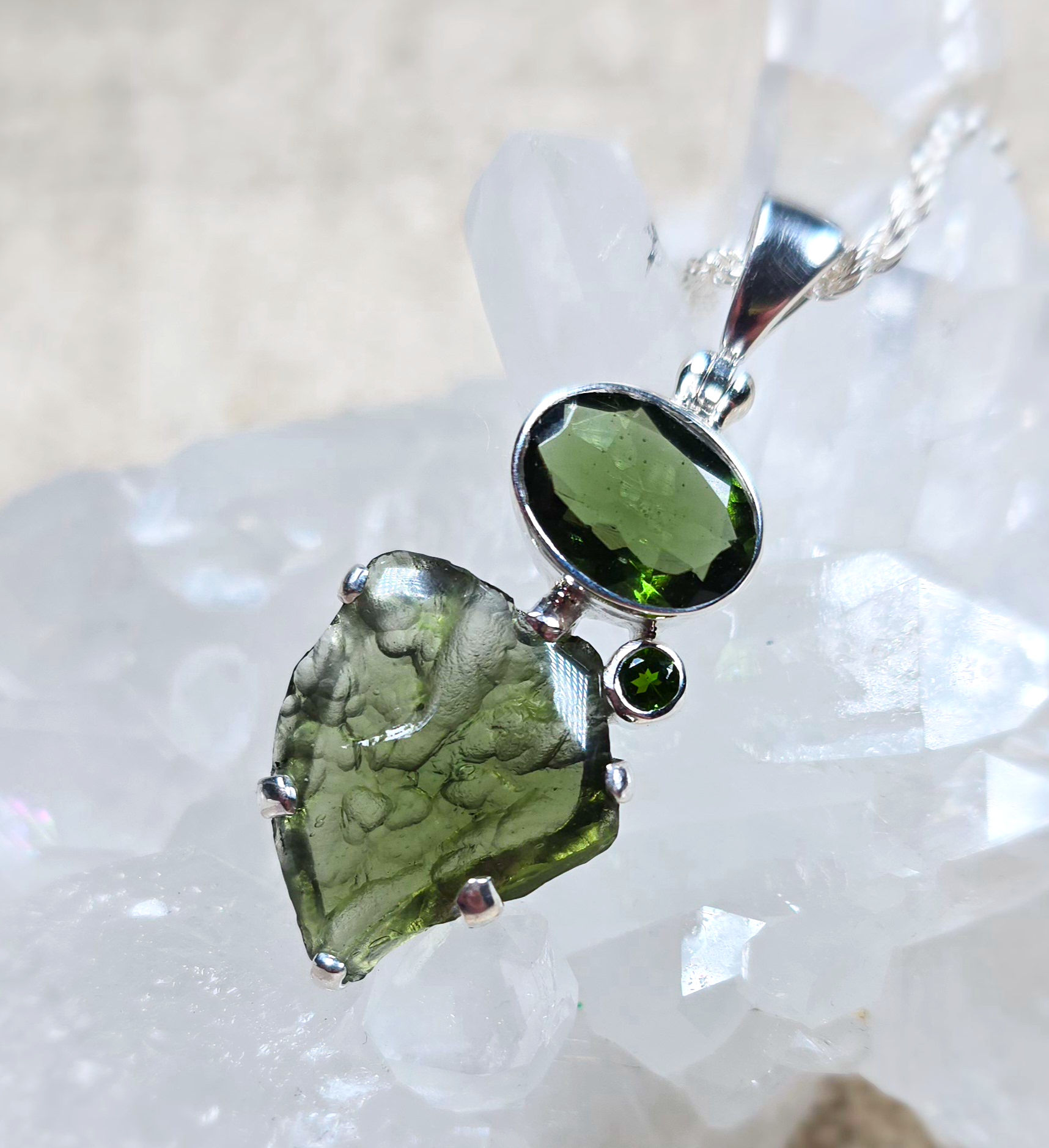 Moldavite with Chrome Diopside Pendant