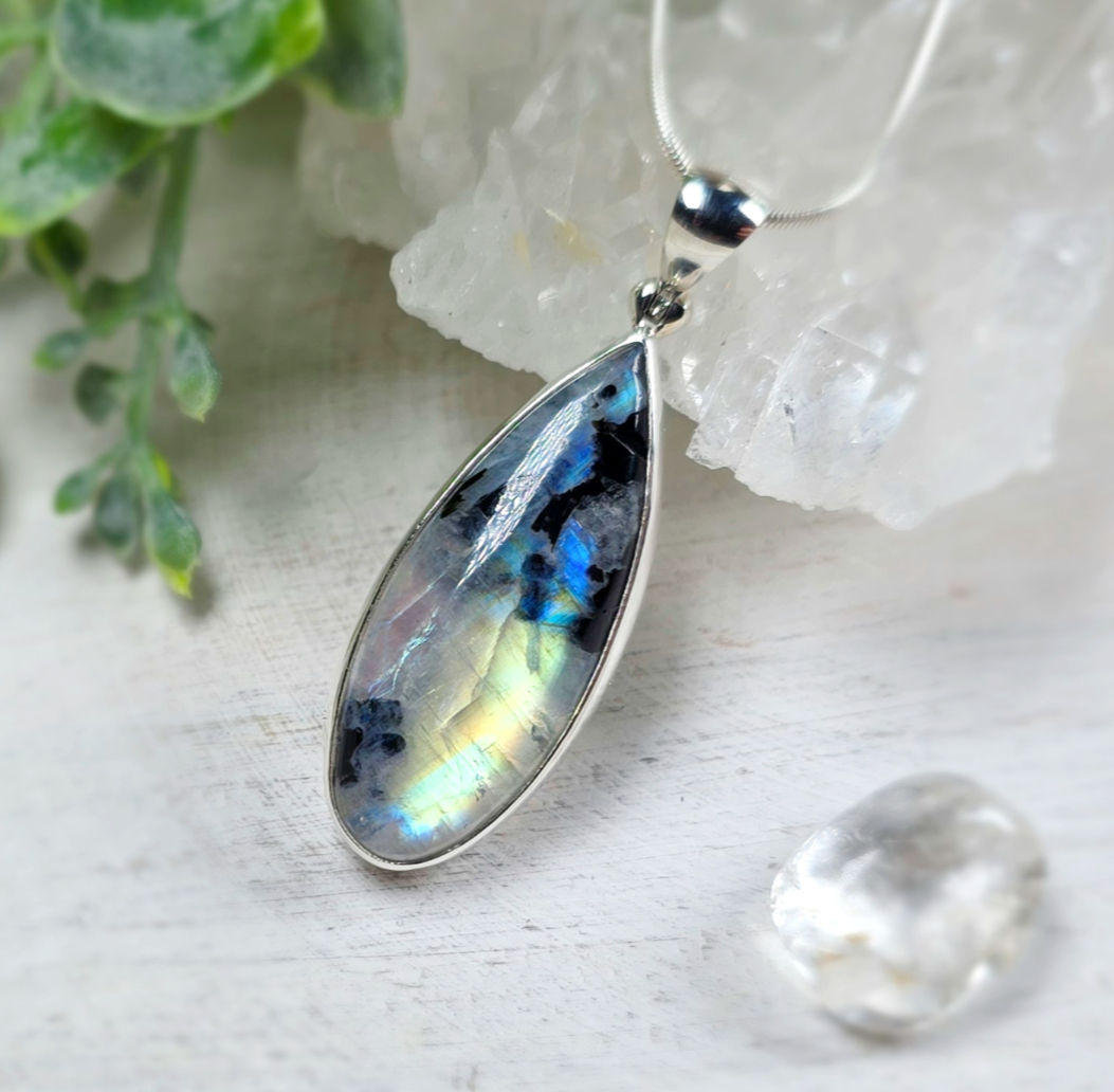 Rainbow Moonstone and Black Tourmaline Pendant