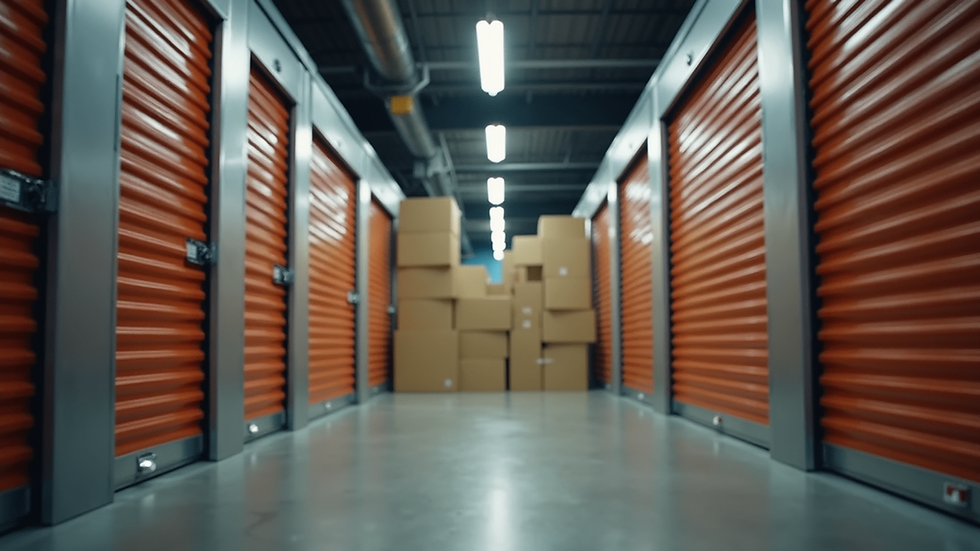 Eye-level view of a climate-controlled storage unit with neatly stacked boxes