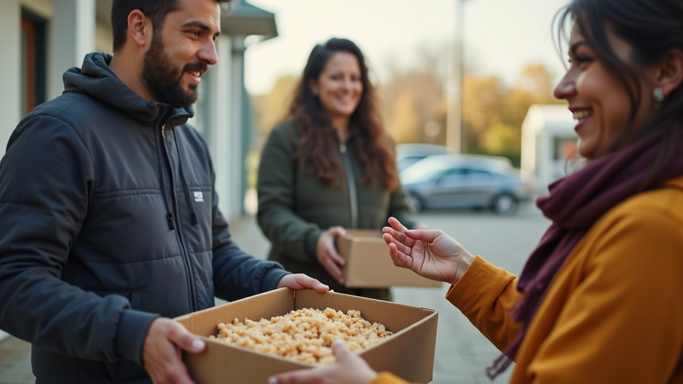 Eye-level view of a volunteer distributing food to individuals in need