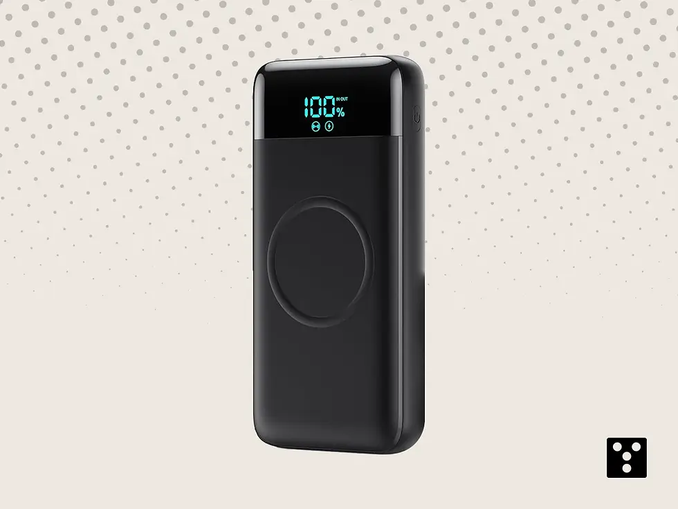 7-in-1 wireless power bank 26800mAh shown upright with digital battery indicator and multiple output ports.