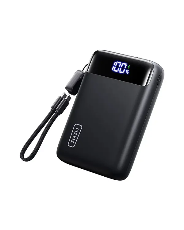 INIU 45W ultra-small power bank with fast charging support and attached lanyard for portability.