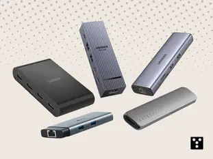 USB-C hub comparison cover image showing multiple slim docking adapters for laptops and tablets.