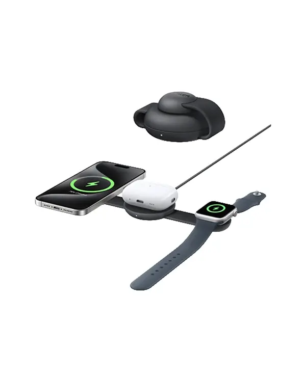Anker MagGo 3-in-1 wireless charging station designed to charge smartphone, smartwatch, and earbuds simultaneously.