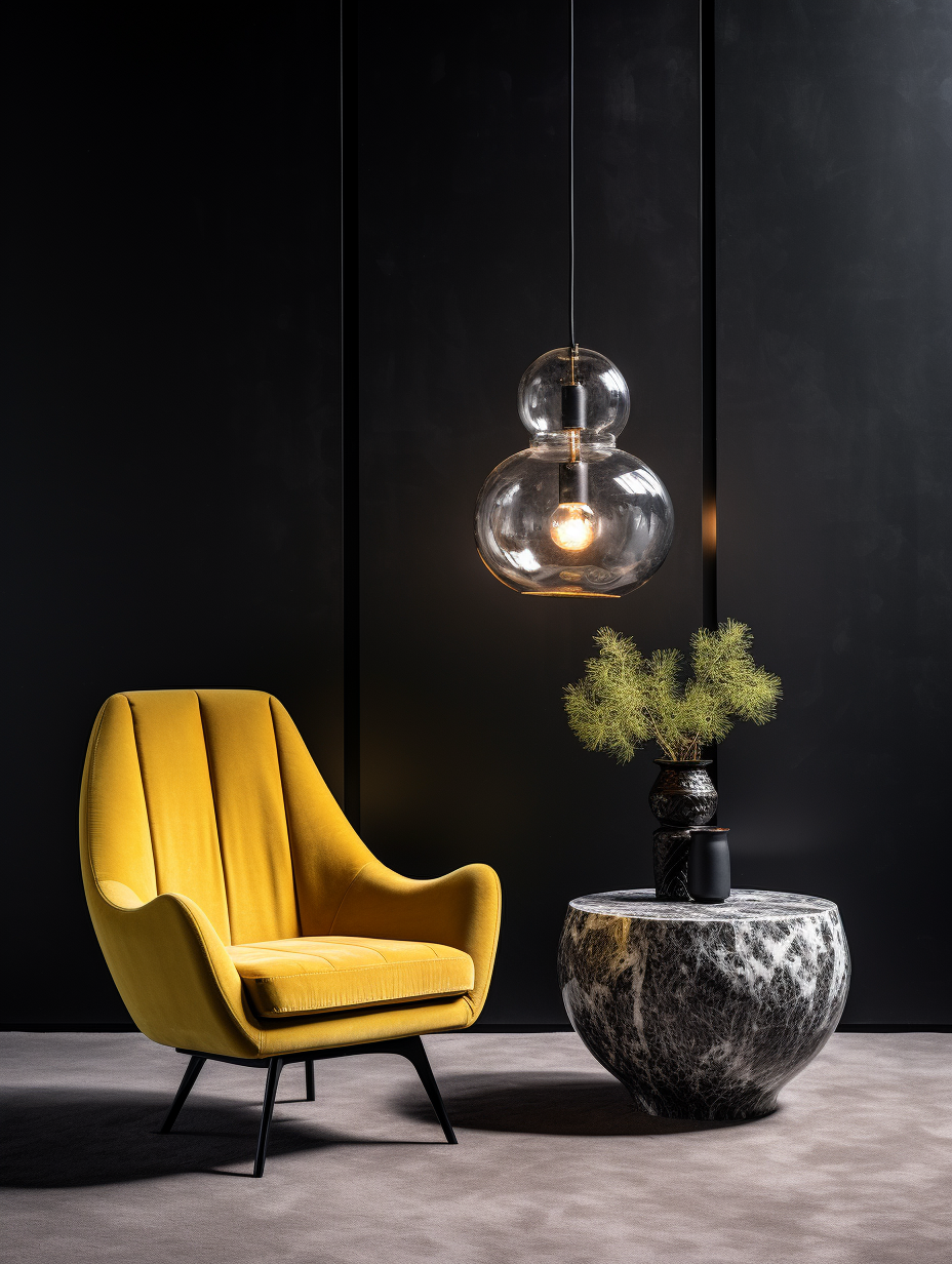 жёлтое кресло в тёмном интерьере Авторский дизайн интерьера дом в Мюнхене Eclekticum
