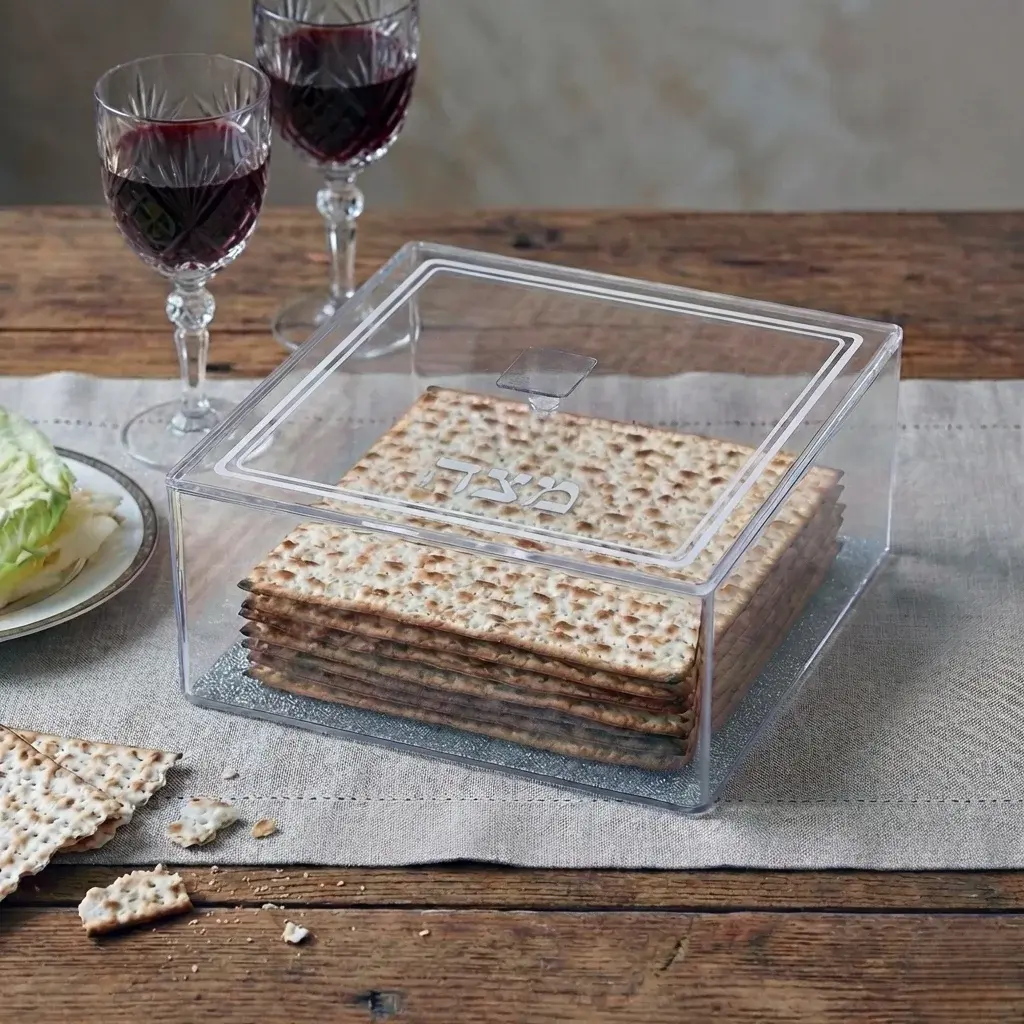 כלי למצה מאקריליק שקוף עם נצנצים כסף