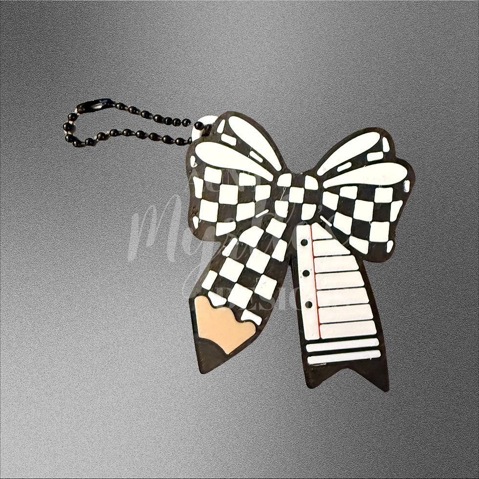 Black and white checkered bow-shaped soda can opener with pencil and notebook paper details and a black ball chain.