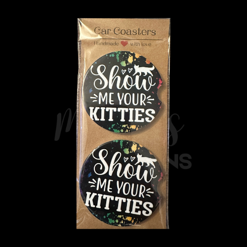 Set of black car coasters with colorful paw prints and the playful phrase “Show Me Your Kitties.”