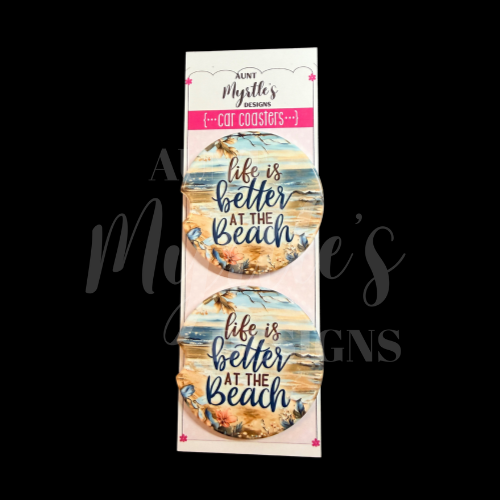 Set of car coasters featuring a beach scene with seashells and the phrase “Life is Better at the Beach.”