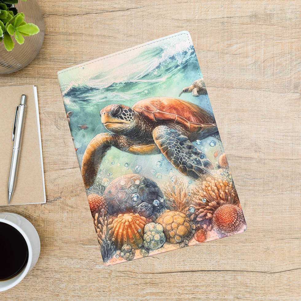 A5 journal featuring a sea turtle swimming above colorful coral and bubbles in a peaceful underwater scene.
