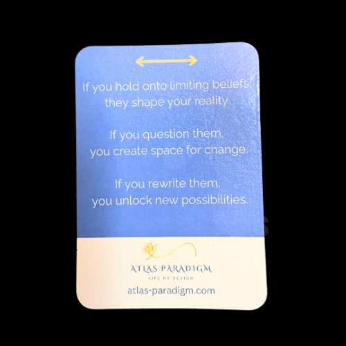 Blue motivational magnet with a message about limiting beliefs, change, and new possibilities from Atlas Paradigm.