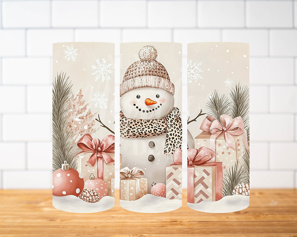 Snowman wearing a knit hat and cheetah-print scarf, surrounded by pink gifts, ornaments, snowflakes, and greenery.