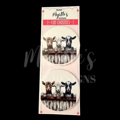 Set of car coasters featuring three curious goats peeking over a rustic wooden fence on a neutral background.