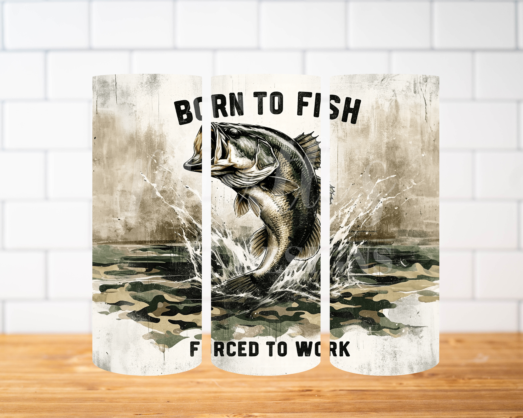 Tumbler featuring a jumping bass, camouflage pattern, and the phrase "Born to Fish, Forced to Work."