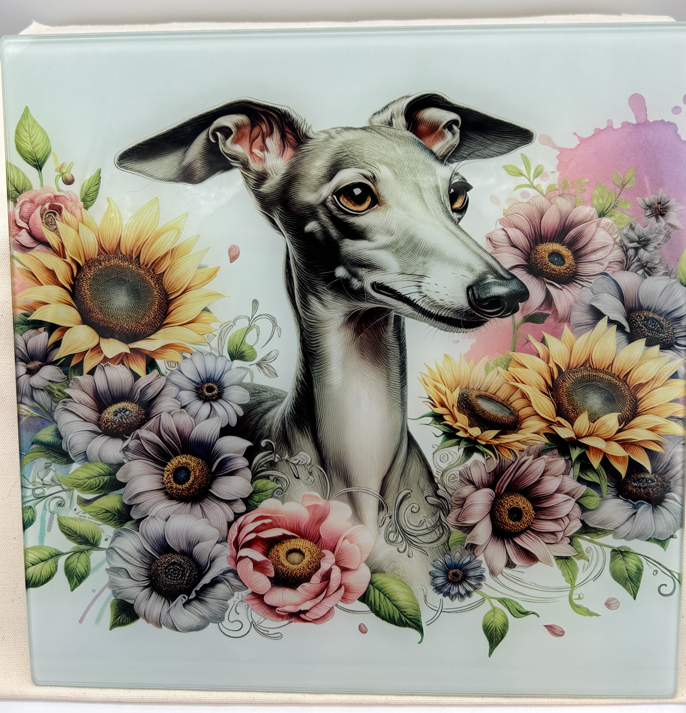 Glass Cutting Board, Worktop Saver, Greyhound, Life is better with Dogs