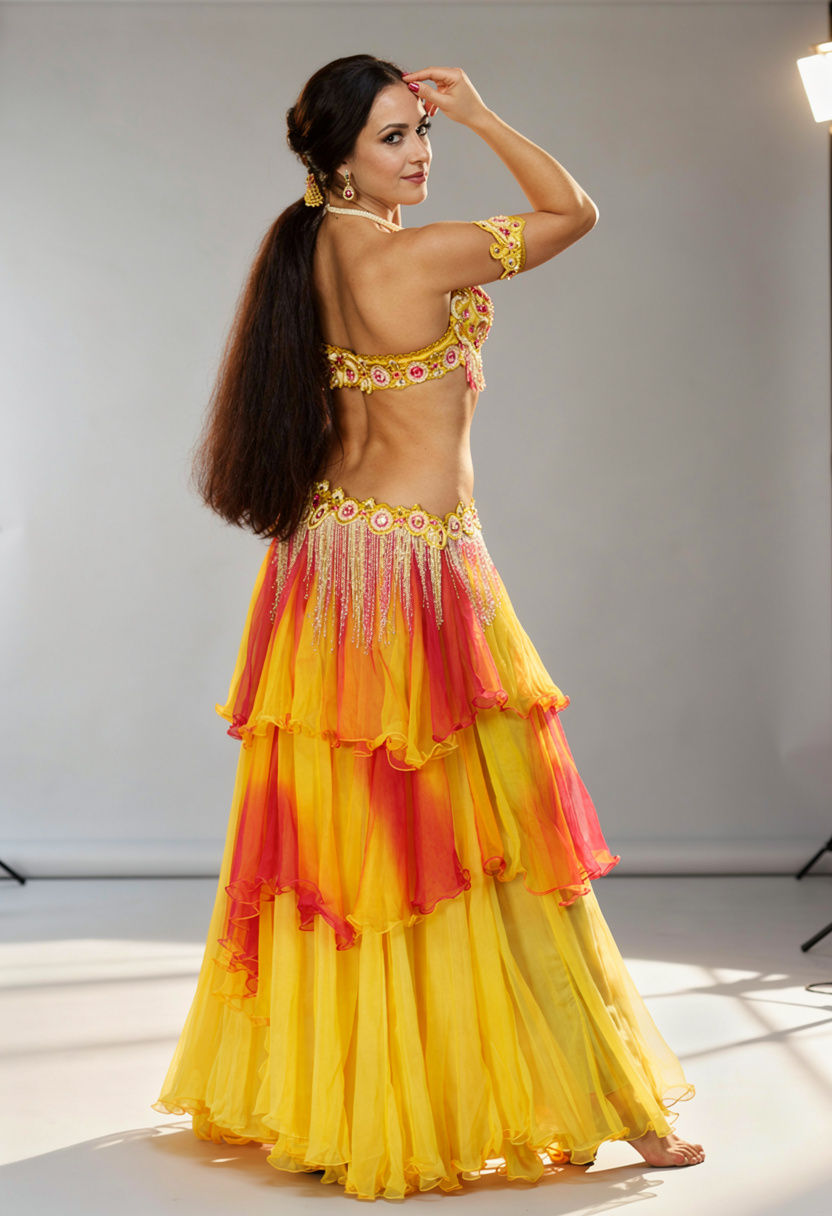 Professional Yellow Pink Belly Dance Costume